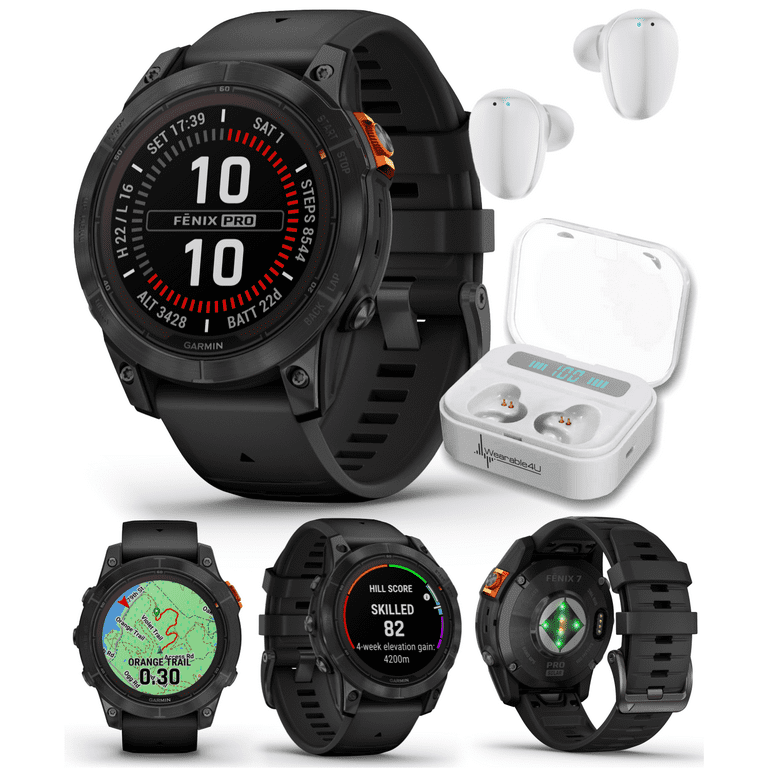 Garmin fenix 7 Pro Solar Multisport GPS 47 mm Smartwatch, Built-in  Flashlight, Black with Wearable4U White EarBuds Bundle 