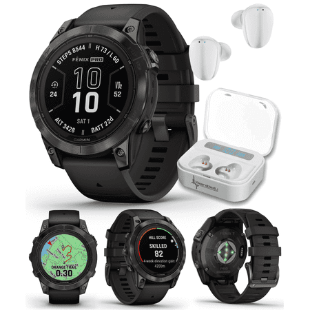 Garmin fenix 7 Pro Solar Sapphire Multisport GPS 47 mm Smartwatch, Carbon Gray DLC Titanium, Black with Wearable4U White EarBuds Bundle