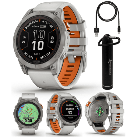 Garmin fenix 7 Pro Solar Sapphire Multisport GPS 47 mm Smartwatch, Titanium, Fog Gray/Ember Orange with Wearable4U Power Bank Bundle