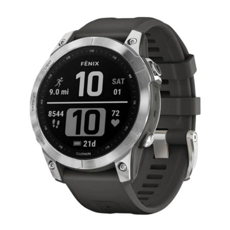 Garmin fenix 7 Standard Edition Multisport GPS Watch with Sunlight-Visible Transflective Memory-In-Pixel Display (Silver with Graphite Band)