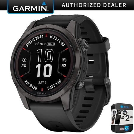 Garmin fenix 7S Pro Solar, Sapphire, Carbon Gray DLC Titanium, Black Bundle with 2 Year Enhanced Protection Pack
