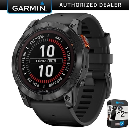 Garmin fenix 7X Pro Solar, Glass, Slate Gray Steel, Black Bundle with 2 Year Enhanced Protection Pack