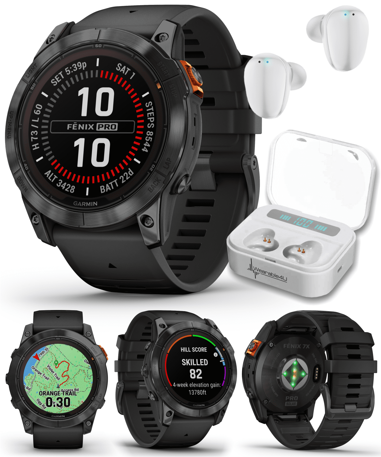 Garmin fenix 7X Pro Solar Multisport GPS 51 mm Smartwatch, Built-in  Flashlight, Black with Wearable4U White EarBuds Bundle 