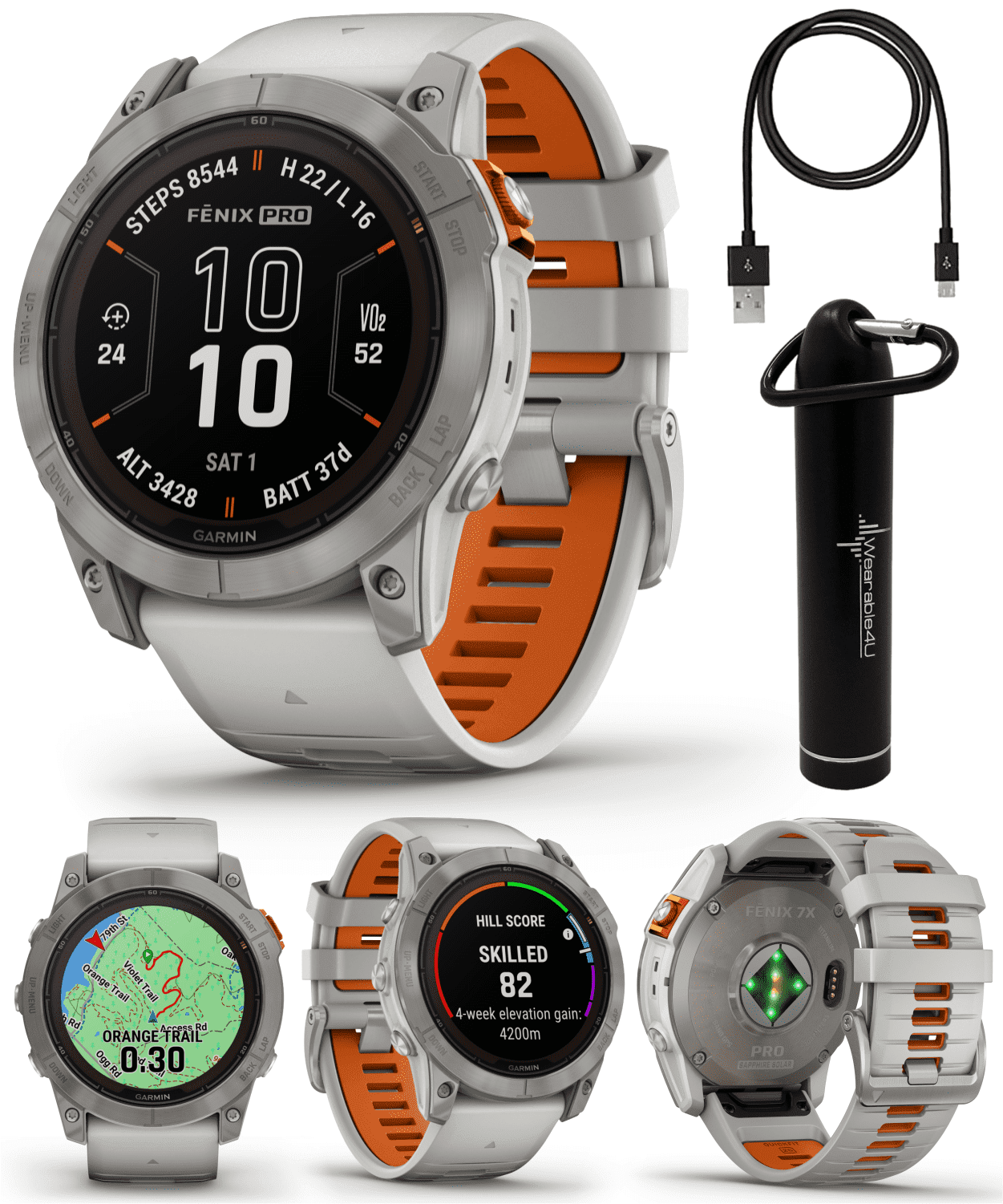 Garmin fenix 7X Pro Solar Sapphire Multisport GPS 51 mm Smartwatch, Titanium, Gray/Orange with Wearable4U Power Bank Bundle