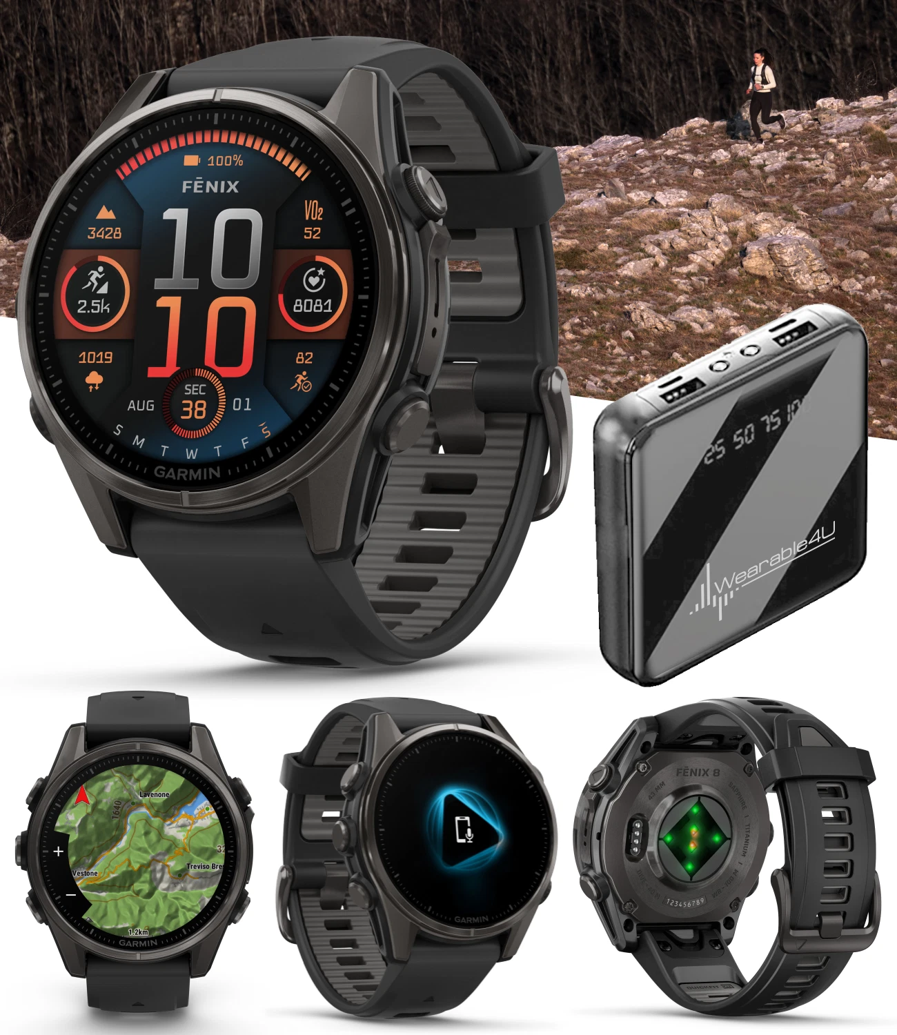 Garmin fenix 8 - 43 mm Sapphire, AMOLED, Carbon Gray DLC Titanium with Black/Pebble Gray Silicone GPS Smartwatch with Power Bank