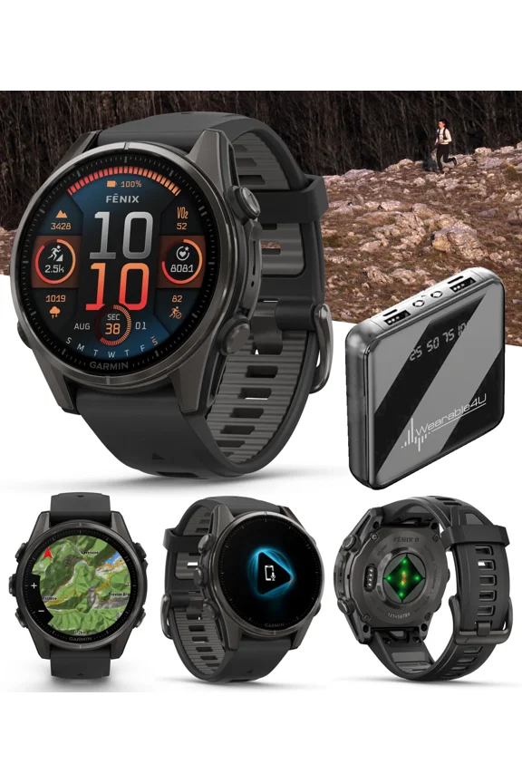 Garmin fenix 8 - 43 mm Sapphire, AMOLED, Carbon Gray DLC Titanium with Black/Pebble Gray Silicone GPS Smartwatch with Power Bank