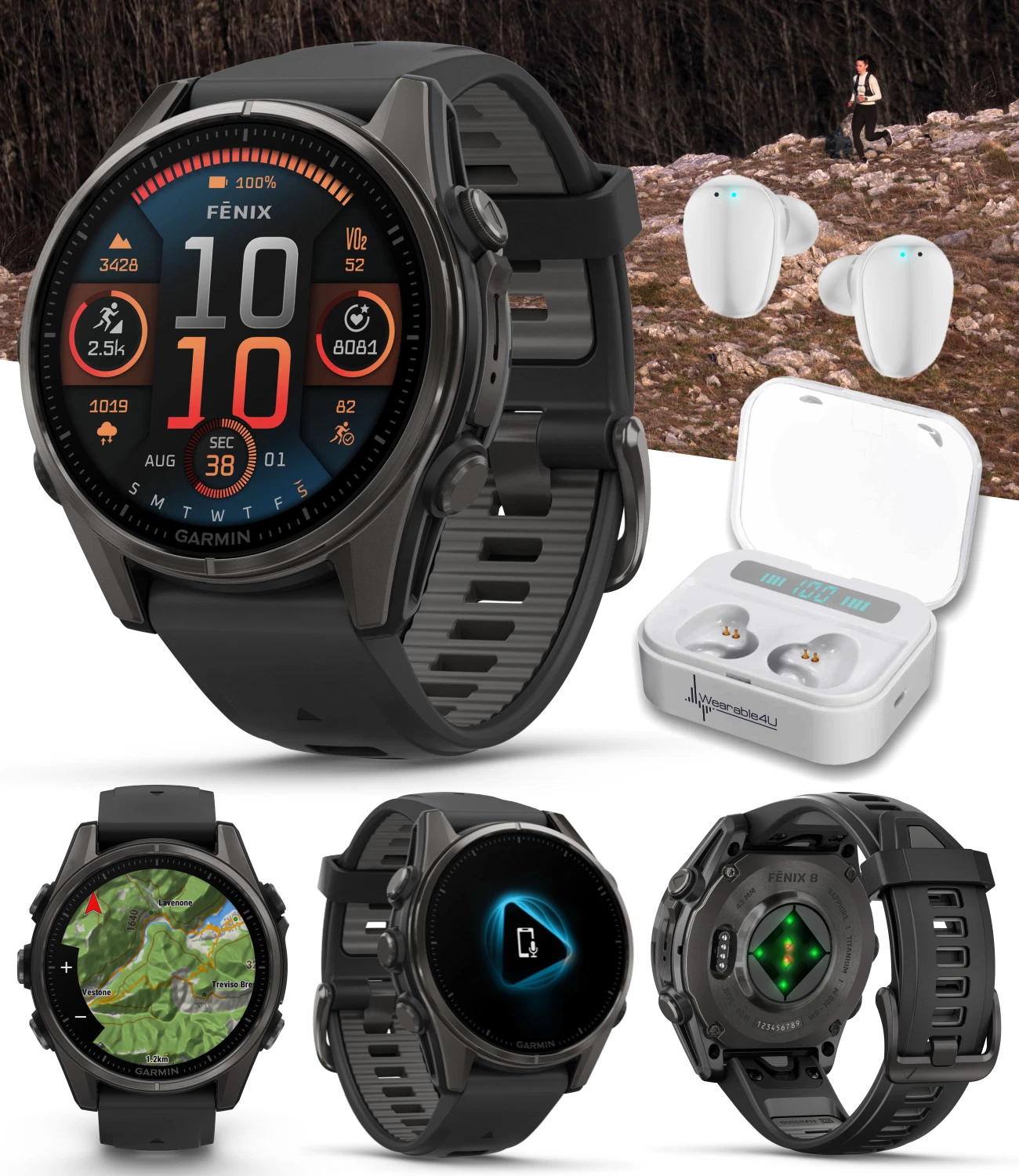 Garmin fenix 8 - 43 mm Sapphire, AMOLED, Carbon Gray DLC Titanium with Black/Pebble Gray Silicone GPS Smartwatch with White Earbuds