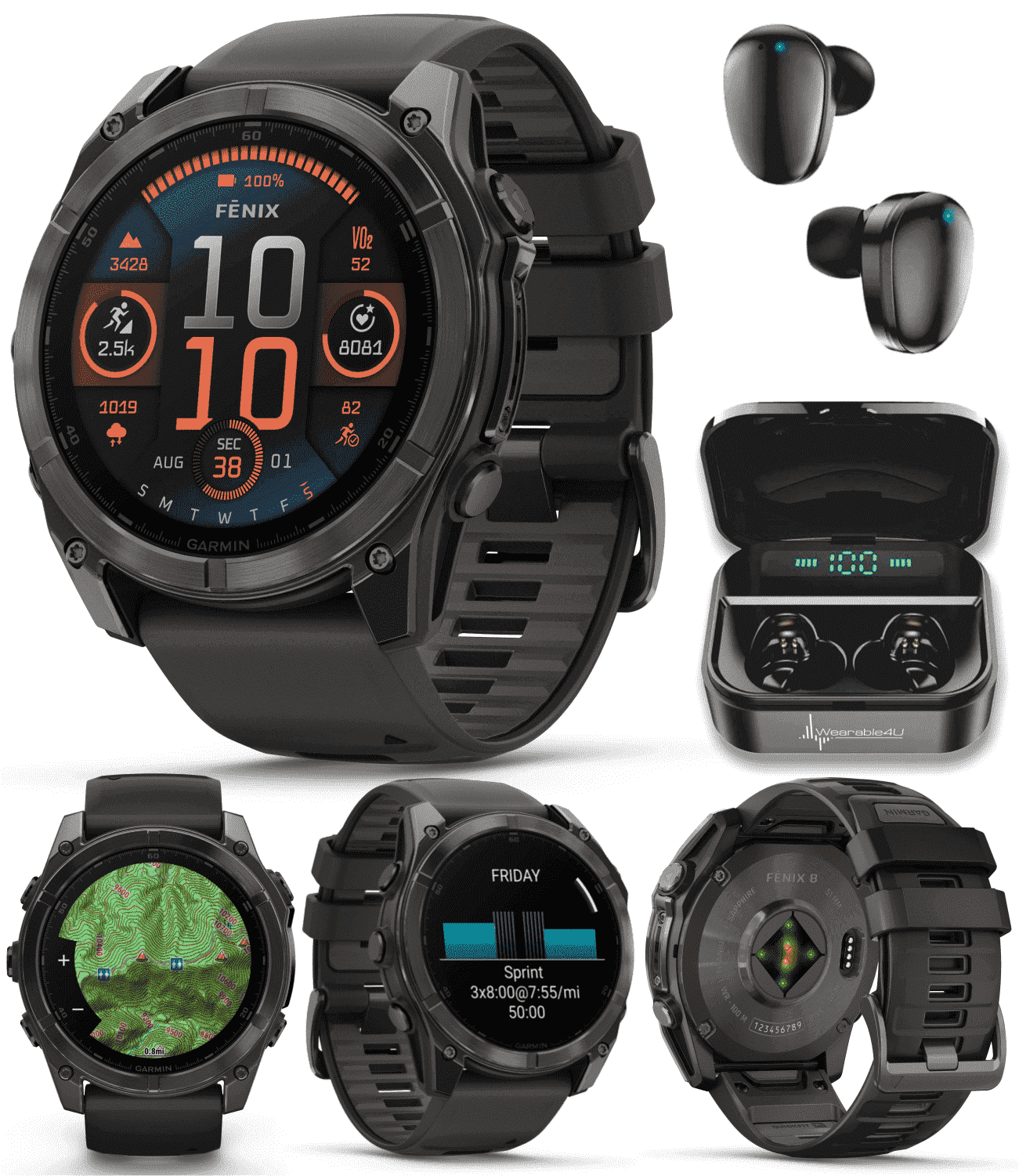 Garmin fenix 8 - 51 mm, AMOLED Multisport GPS Smartwatch, Sapphire, Carbon Gray DLC Titanium with Black/Pebble Gray Silicone, Built-in LED Flashlight with Wearable4U Black EarBuds Bundle