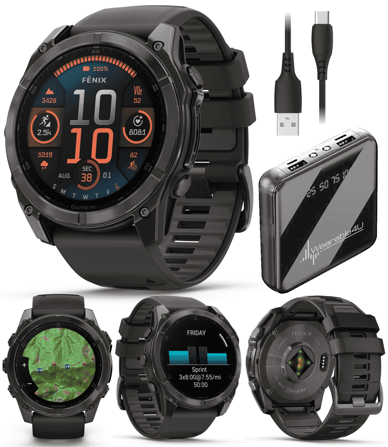 Garmin fenix 8 - 51 mm, AMOLED Multisport GPS Smartwatch, Sapphire, Carbon Gray DLC Titanium with Black/Pebble Gray Silicone, Built-in LED Flashlight with Wearable4U Power Bank Bundle