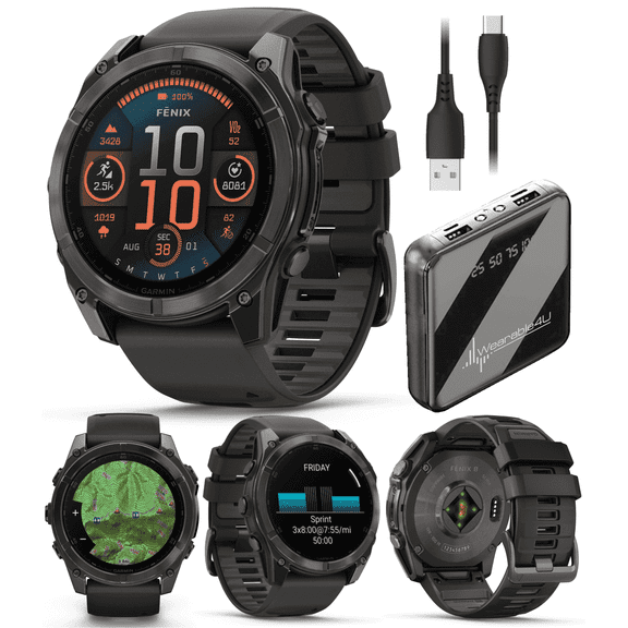 Garmin fenix 8 - 51 mm, AMOLED Multisport GPS Smartwatch, Sapphire, Carbon Gray DLC Titanium with Black/Pebble Gray Silicone, Built-in LED Flashlight with Wearable4U Power Bank Bundle
