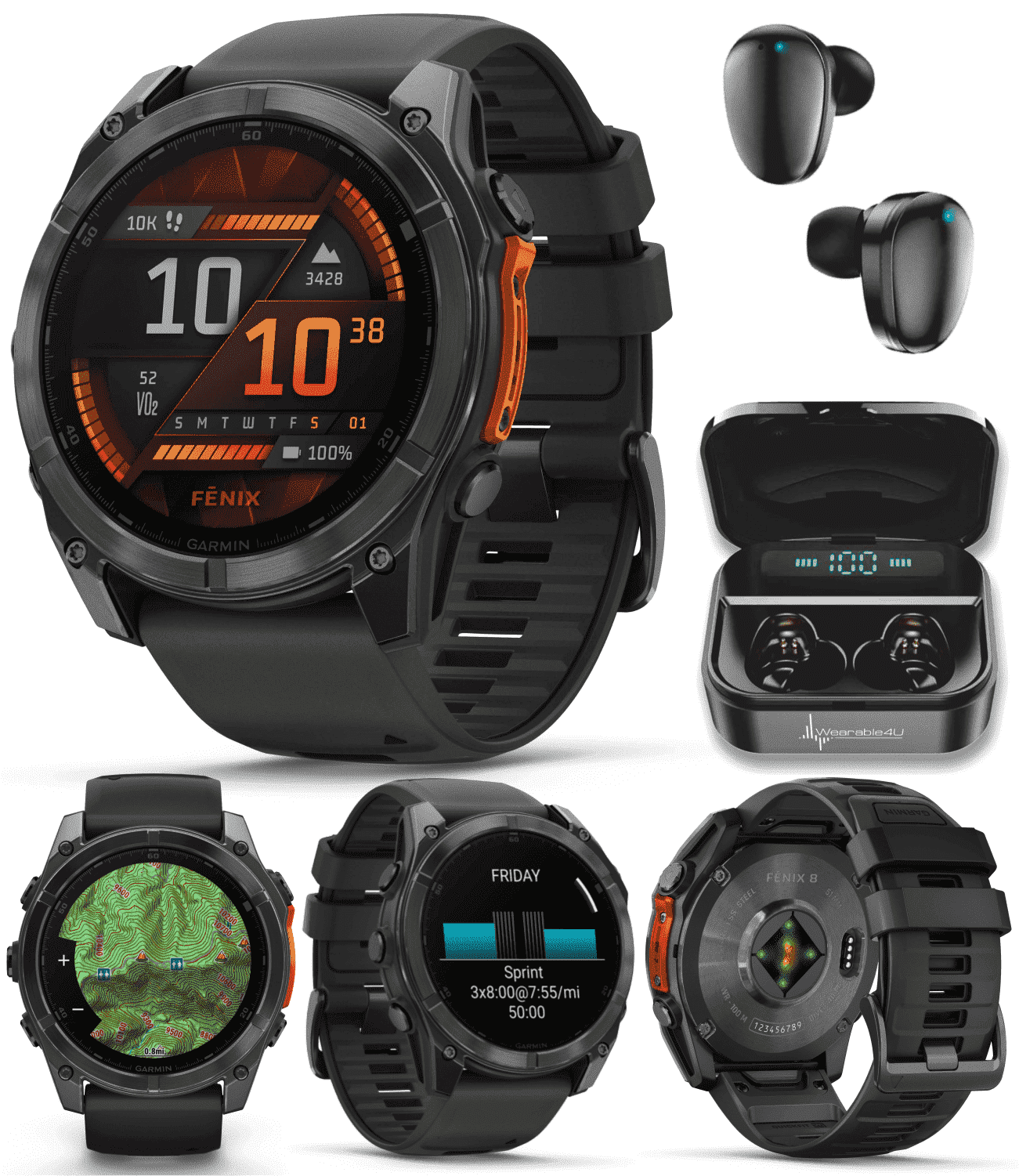 Garmin fenix 8 - 51 mm, AMOLED Multisport GPS Smartwatch, Slate Gray with Black Silicone Band, Built-in LED Flashlight with Wearable4U Black EarBuds Bundle
