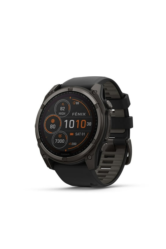 fenix 8  51 mm, Solar, Sapphire, Premium Multisport GPS Smartwatch, Long-Lasting Battery Life, Dive-Rated, Built-in LED Flashlight, Carbon Gray DLC Titanium with Pebble Gray Band