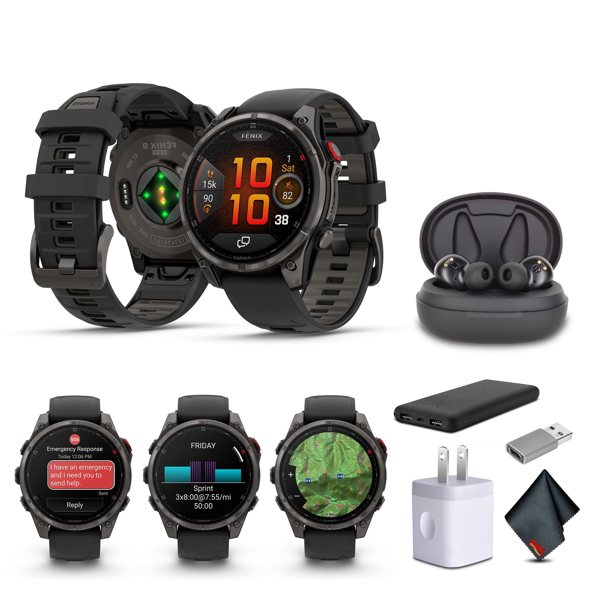 Garmin fenix 8 Pro, 47mm, AMOLED Display, Premium Connected Multisport GPS Smartwatch, inReach Technology, Sapphire, Carbon Gray DLC Titanium with Black/Pebble Gray Silicone Band Bundle