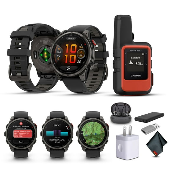 Garmin fenix 8 Pro 47mm Multisport GPS Smartwatch, AMOLED Display, Sapphire, Carbon Gray DLC Titanium Pebble Gray Silicone Band, Wilderness Bundle with inReach Mini 2 Satellite Communicator and More