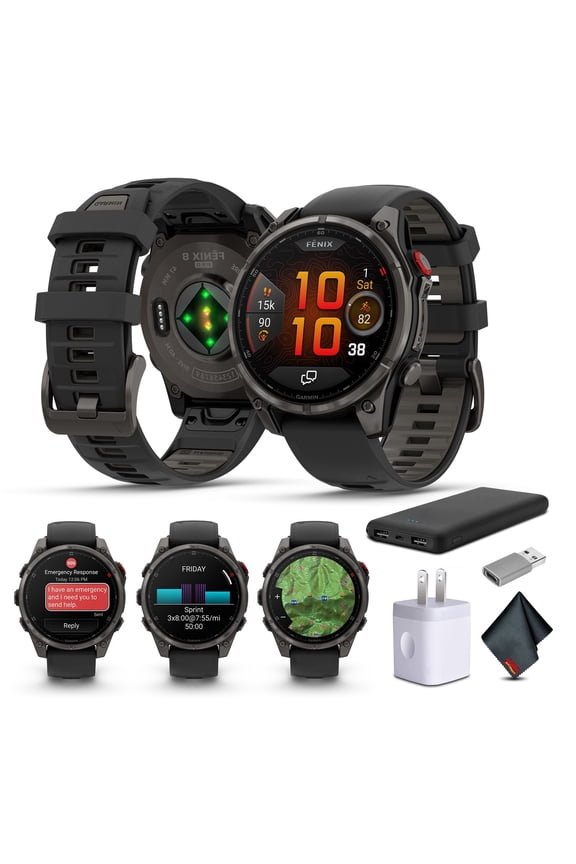 fenix 8 Pro 47mm, inReach Technology, Premium Connected Multisport GPS Smartwatch, AMOLED Display, Sapphire, Carbon Gray DLC Titanium with Black/Pebble Gray Silicone Band Bundle