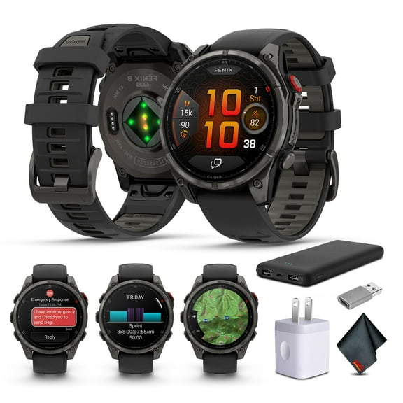 Garmin fenix 8 Pro 47mm, inReach Technology, Premium Connected Multisport GPS Smartwatch, AMOLED Display, Sapphire, Carbon Gray DLC Titanium with Black/Pebble Gray Silicone Band Bundle