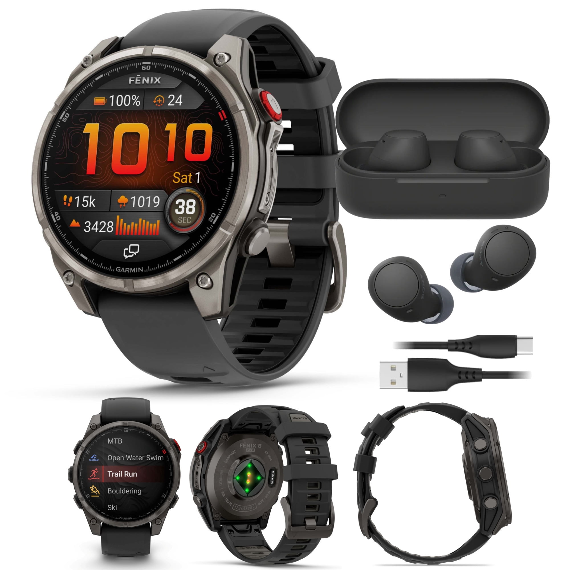 Garmin fenix 8 Pro Sapphire 47mm AMOLED (Carbon Gray DLC Titanium) GPS Smartwatch Bundle with Wireless Earbuds (2 Items)