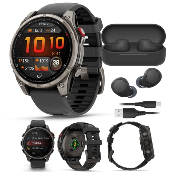 Garmin fenix 8 Pro Sapphire 47mm AMOLED (Carbon Gray DLC Titanium) GPS Smartwatch Bundle with Wireless Earbuds (2 Items)