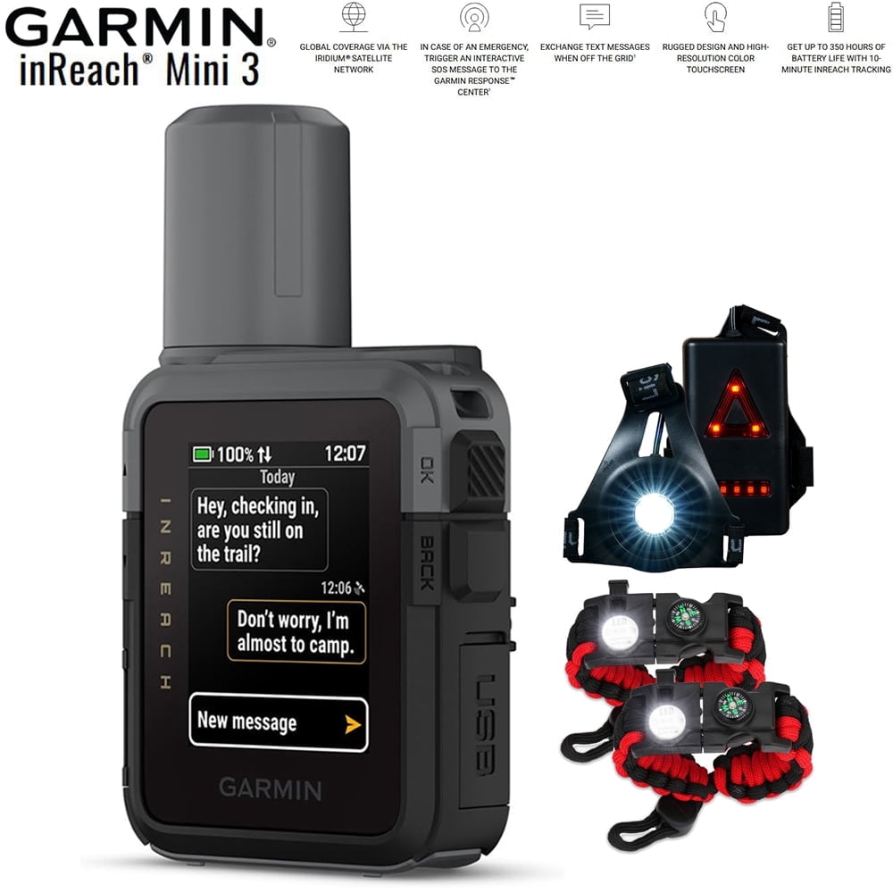 Garmin inReach Mini 3 Compact SOS Satellite Communicator with Touchscreen 010-03387-00 Bundle with Wearable Commuter Front and Rear Safety Light and 2-Pack Tactical Emergency Paracord Bracelet