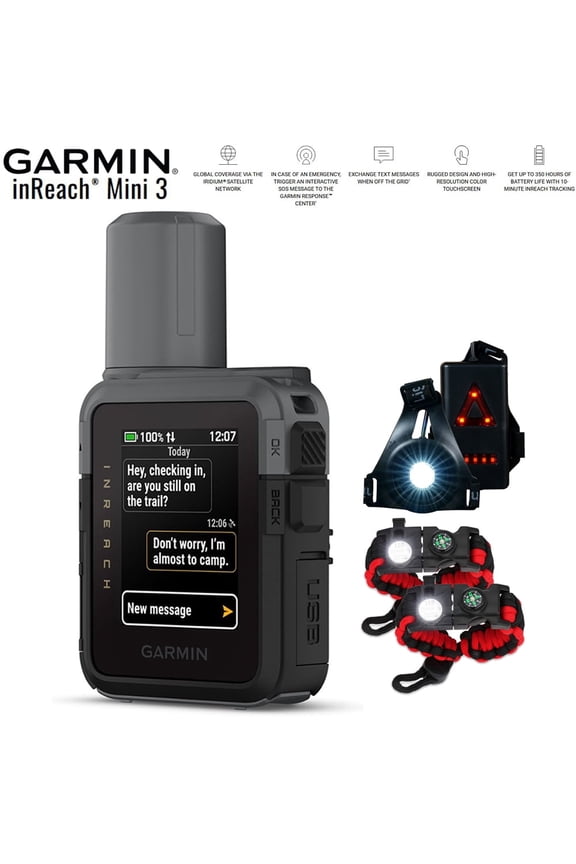 inReach Mini 3 Compact SOS Satellite Communicator with Touchscreen 010-03387-00 Bundle with Wearable Commuter Front and Rear Safety Light and 2-Pack Tactical Emergency Paracord Bracelet
