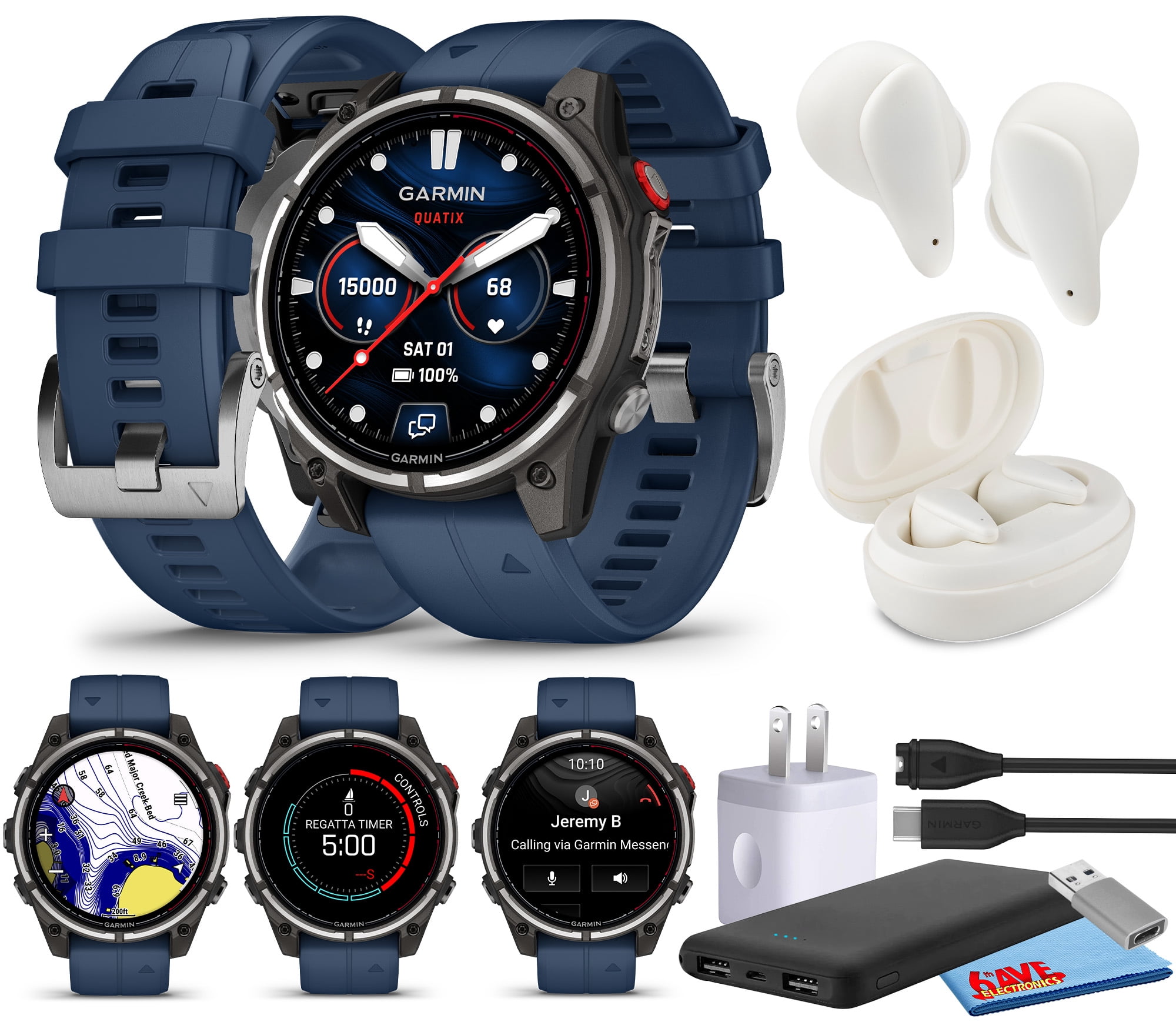 Garmin quatix 8 Pro 47mm, Ultimate Nautical Smartwatch with inReach Satellite Technology and LTE Connectivity, AMOLED Display Bundle With Charger and Wireless Earbuds
