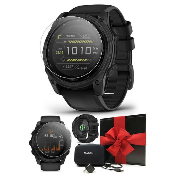 Garmin tactix 8 Solar: AB Elite (51mm) Premium Tactical GPS Smartwatch Gift Box Bundle with PlayBetter Screen Protectors, Wall Adapter & Case