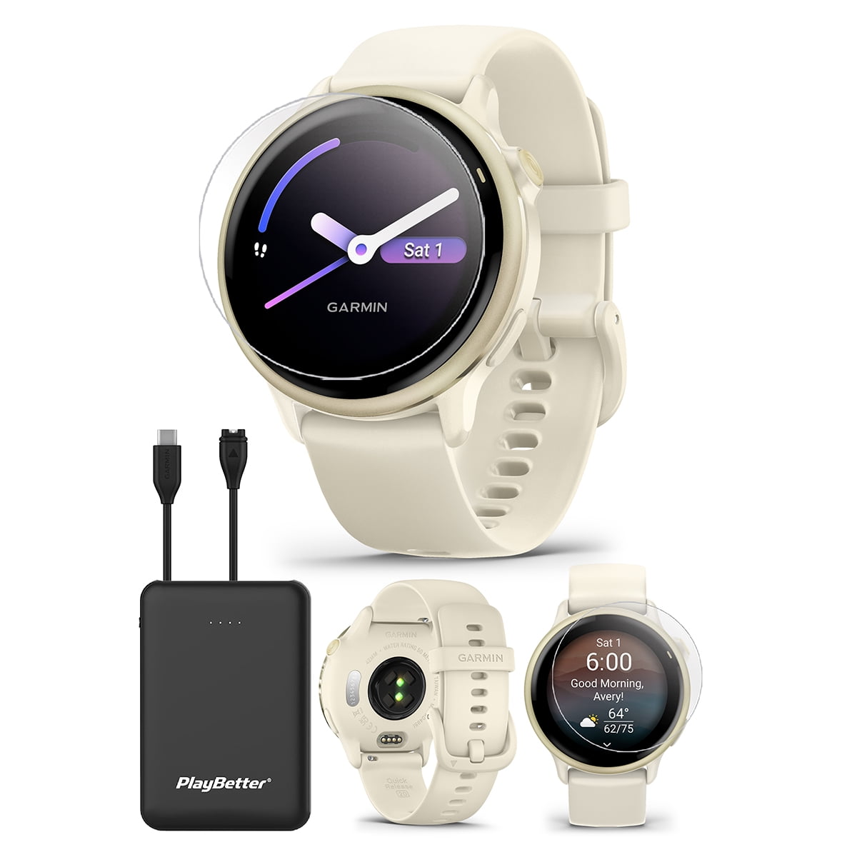 Garmin vivoactive 6 (Lunar Gold/Bone) Fitness GPS Smartwatch Bundle with PlayBetter Screen Protectors & Portable Charger