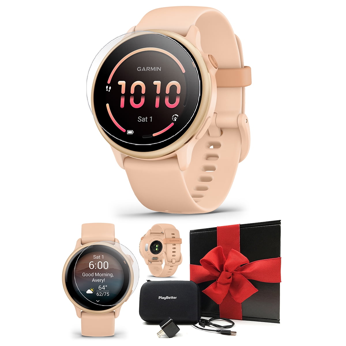 Garmin vivoactive 6 (Metallic Pink Dawn) Fitness GPS Smartwatch Gift Box Bundle with PlayBetter Screen Protectors, Wall Adapter & Hard Case