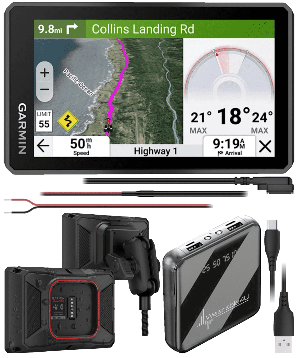 Garmin zumo XT3, 4.7” Rugged Motorcycle GPS, Lean Angles, Custom Route Planning, Adventurous Navigation, Garmin Performance Package Plan Option for Drag Racing Timer w/ Wearable4U PowerBank Bundle