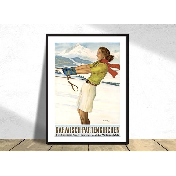 Garmisch Partenkirchen Rolf Niczky Travel Ski Poster Winter Sports German Vintage Advertising Deutschland, Unframed Canvas 16x20in