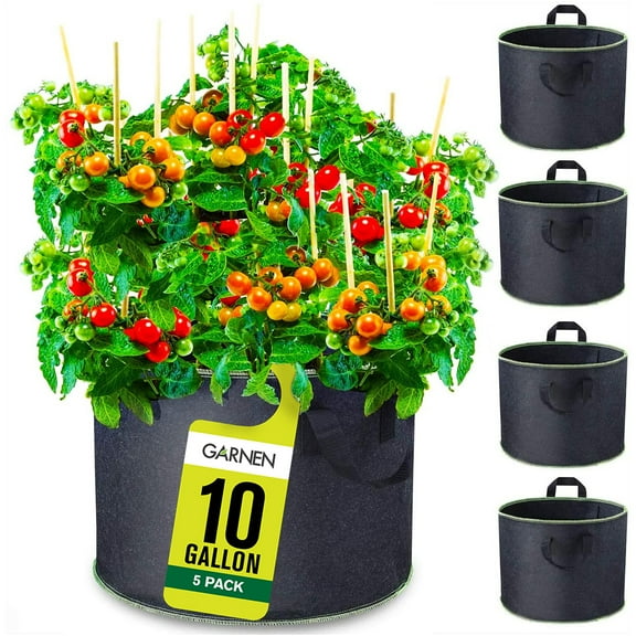 Garnen 10 Gallon Garden Grow Bags (5 Packs), Vegetable/Flower/Plant Growing Bags, Heavy Duty Thickened Nonwoven Fabric Smart Pots Planter with Reinforced Handles for Outdoor and Indoor Planting