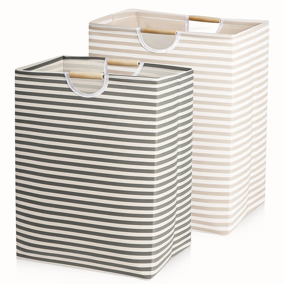 Garnen 2x Laundry Basket Collapsible Laundry Hamper Foldable Bag, Wooden Handles Dirty Clothes Baskets Laundry Bin Organizer for Kids Baby Bathroom
