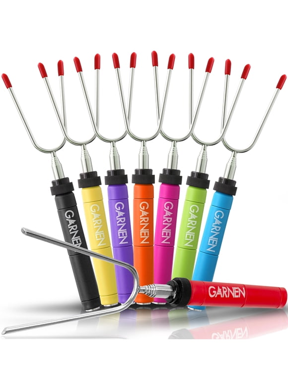 Garnen BBQ Marshmallow Roasting Smores Sticks with Pouch (8 Packs), 34 inch Extendable Rotating Stainless Steel Skewer Fork with Plastic Handle for Kids Camping Grill Campfire Firepit