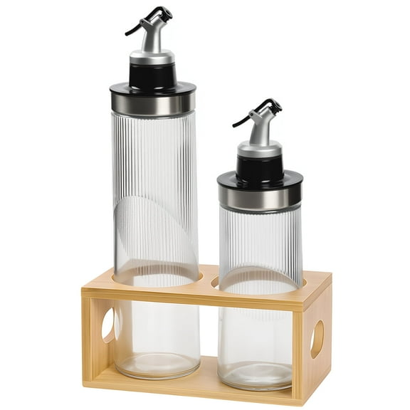 Garnen Oil and Vinegar Dispenser Set, 13.5oz & 22oz Oil Dispenser for Kitchen, Olive Oil Bottles + Wooden Rack, Cooking Oil Dispenser Glass Container
