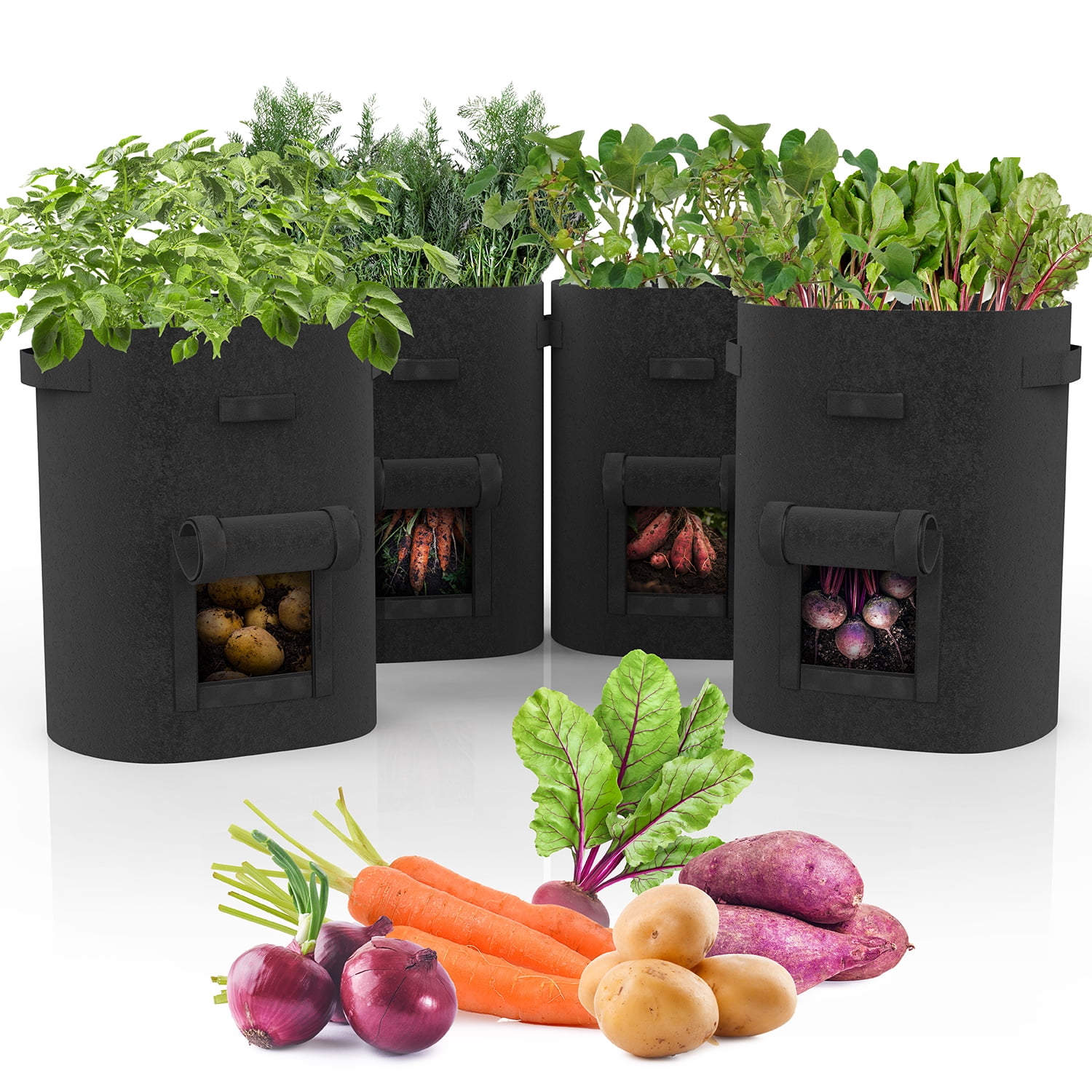 Black Rectangular Nonwoven Fabric Outdoor Grow Bags with Harvest Window, 10 Gallon, 4 Pack