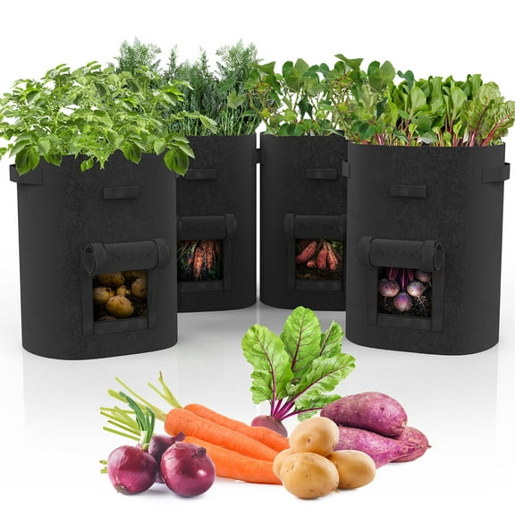Garnen Potato Grow Bags with Flap 7 Gallon (4 Pack), Heavy Duty Non-Woven Fabric Planter Bag with Handles & Harvest Window Plant Grow Pot Bag for Potato Tomato Carrot Onion Vegetable Garden Planting