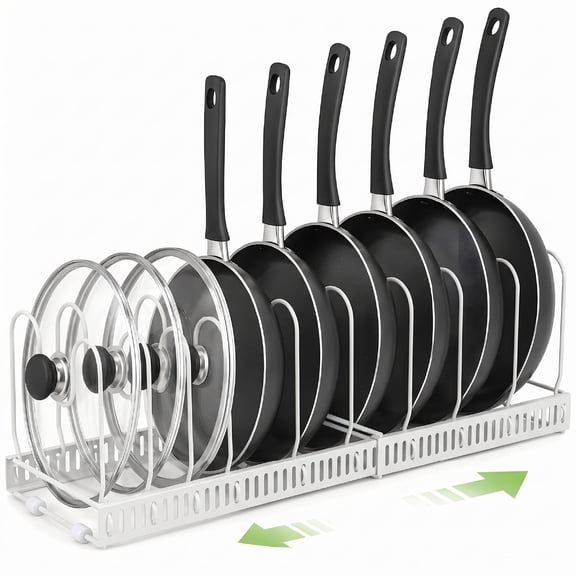 Garnen Pots and Pans Organizer Under Cabinet Kitchen Organizer, Expandable 11.8"-22.8" Adjustable Pan Rack Pot Lid Organizer Kitchen Storage, White