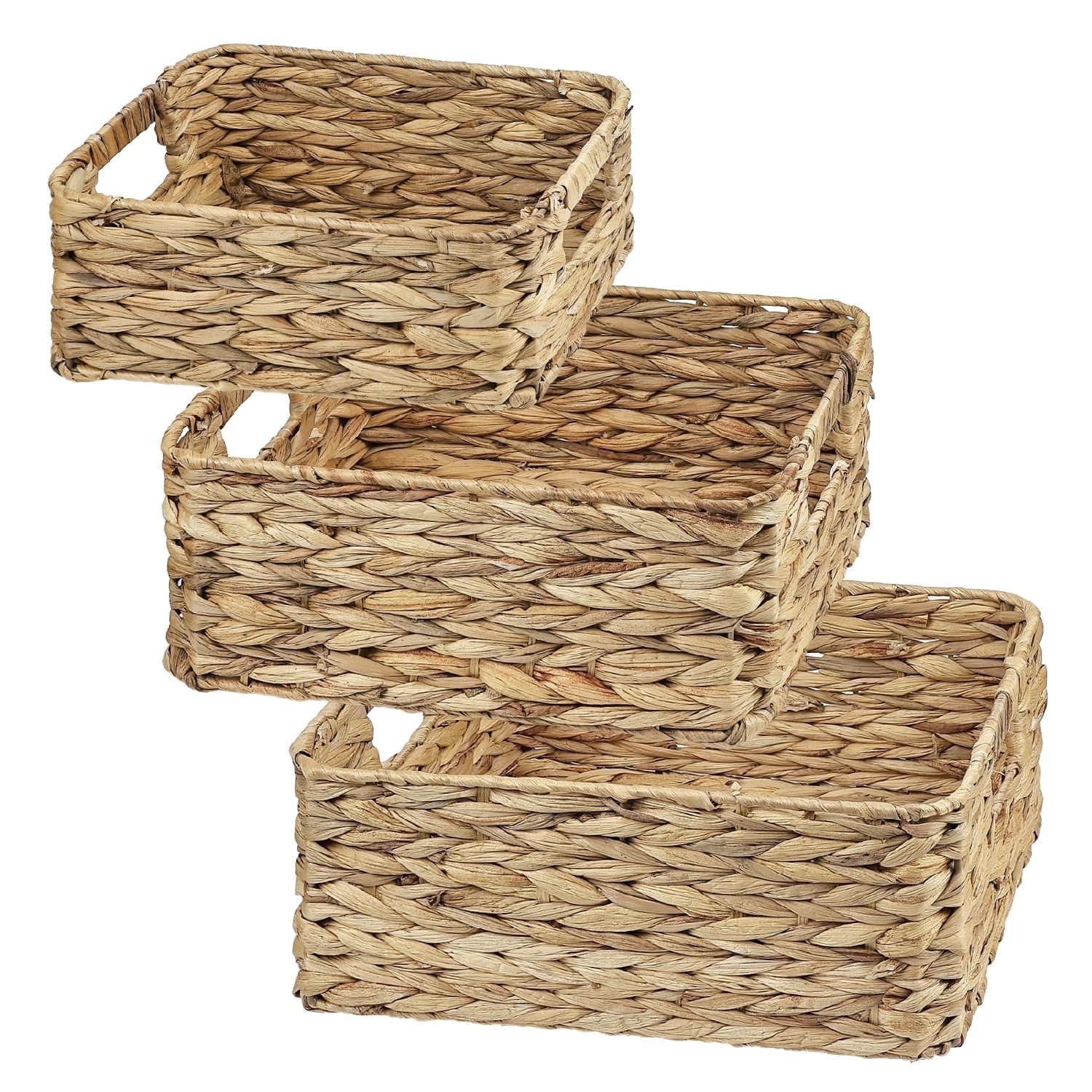 Garnen Set of 3 Wicker Basket Storage, Woven Basket with Handle, Decorative Wicker Baskets Rectangular for Desk Organizer Bathroom Tray, 11" 13" 14"