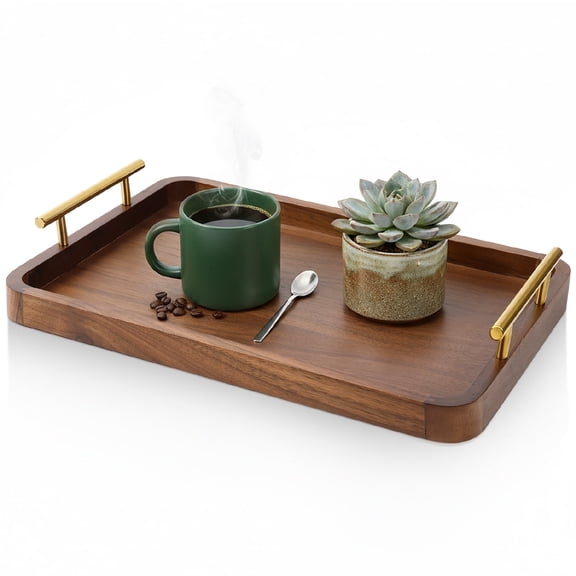 Garnen Walnut Wood Serving Tray with Handles, Rectangular Wooden Tray for Ottoman, Coffee Table, Breakfast in Bed & Patio, Wooden Serving Trays, Brown