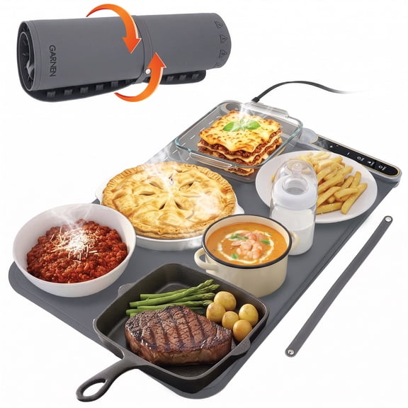Garnen Warming Mat for Food with 9 Temp Level, Electric Food Warming Mat, 23"x15" Silicone Food Warmer, 8 Timer Settings, Portable Roll-Up Heating Mat