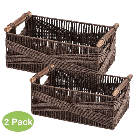 Garnen Wicker Basket Storage with Handle, 13" & 15" Woven Baskets for Shelves, Decorative Wicker Baskets Rectangular Shelf Baskets for Organizing