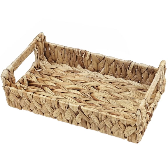 Garnen 12" x 7" Wicker Serving Tray with Handles, Handmade Rectangular Woven Basket Tray for Desk, Shelf & Home Decor  Desk Organizer, Brown