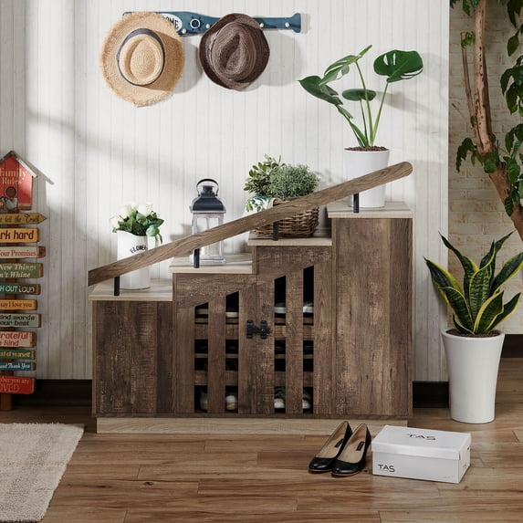 24/7 Shop At Home Shoe Cabinet Garner Rustic/Lodge 4-Door Wood Reclaimed Oak for 12 Pairs of Shoes