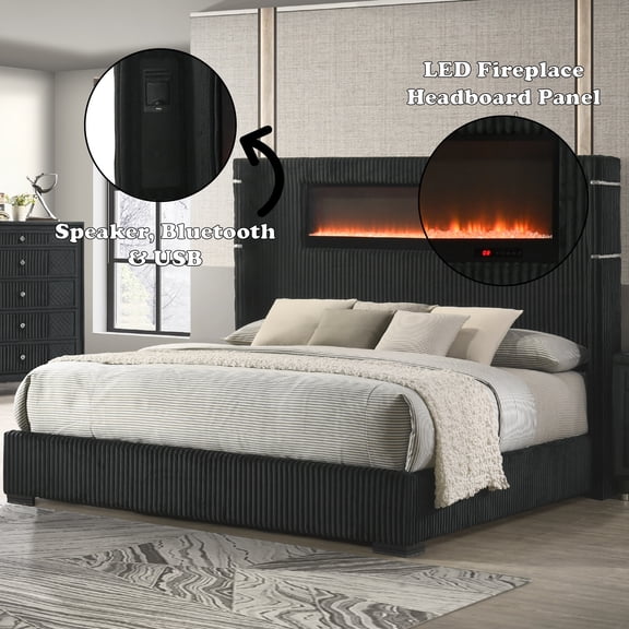 Garner Black & Gray Corduroy EK Bed w/Fireplace, LED, Reading Light, Speaker, Bluetooth & USB