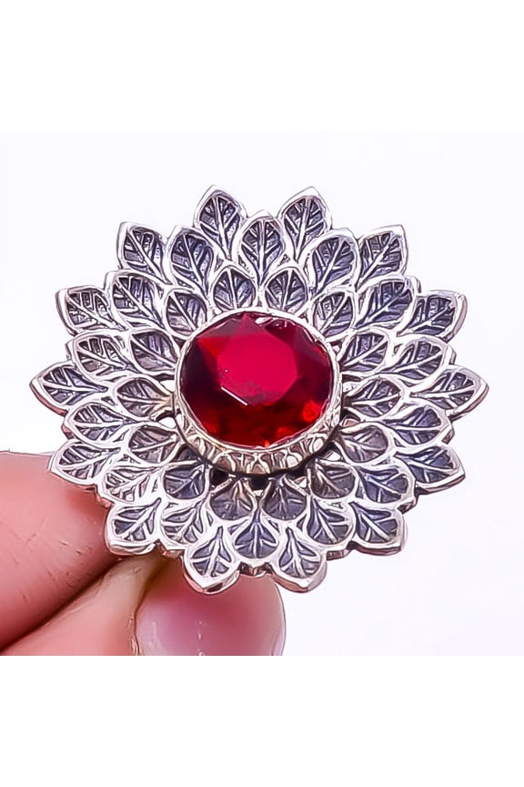 Garnet 925 Sterling Silver Bali Flower Ring s.8 A394, Christmas Gift, Gemstone Silver Jewelry, Garnet Ring, New Year Sale