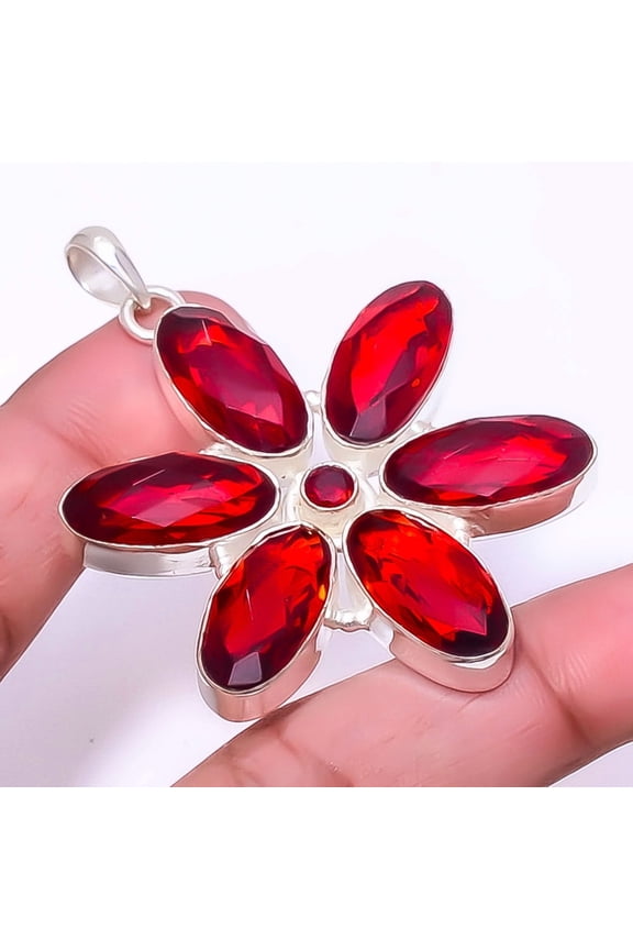 Garnet 925 Sterling Silver Flower Pendant 2.54" A392, Christmas Gift, Gemstone Silver Jewelry, Garnet Pendant, New Year Sale