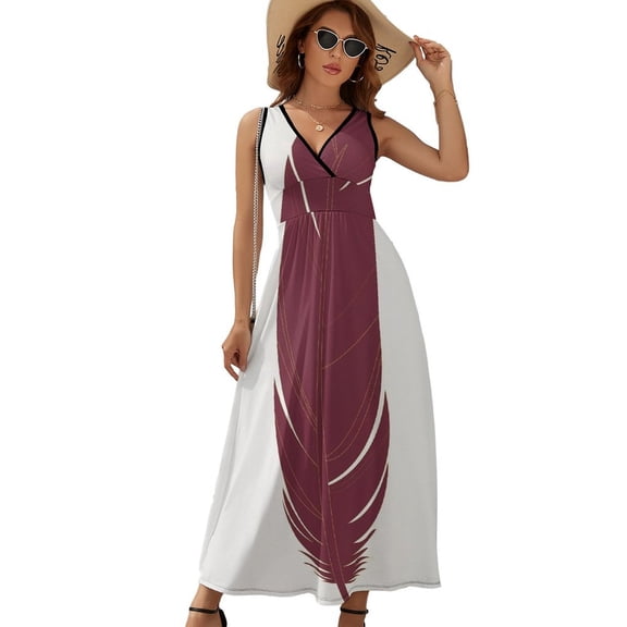 Garnet And Gold Feather Pattern Dress Fashion Boho Beach Long Dresses Female Party Printed Maxi Dress