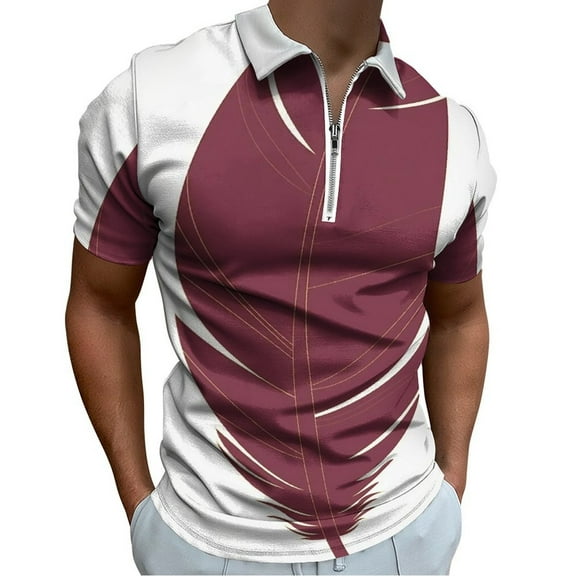 Garnet And Gold Feather Pattern Men Zipper T-shirt Summer Casual Short Sleeve T-shirt Top