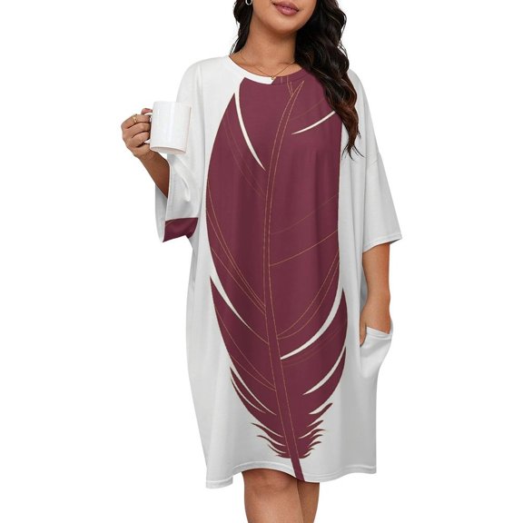 Garnet And Gold Feather Pattern Sleepshirts For Sleeping Travels Loose Sleepdress Pajama Dress Soft Nightdress Sleepwear