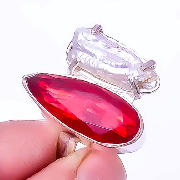 Garnet & Biwa Pearl 925 Sterling Silver Handmade Ring s.7.5 A313, Gemstone Silver Jewelry, New Year Sale, Valentin's Day Gift